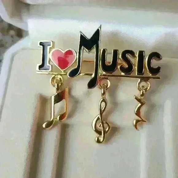 Vintage Gold-toned with black letter red heart Music note theme pin brooch - Picture 3 of 6